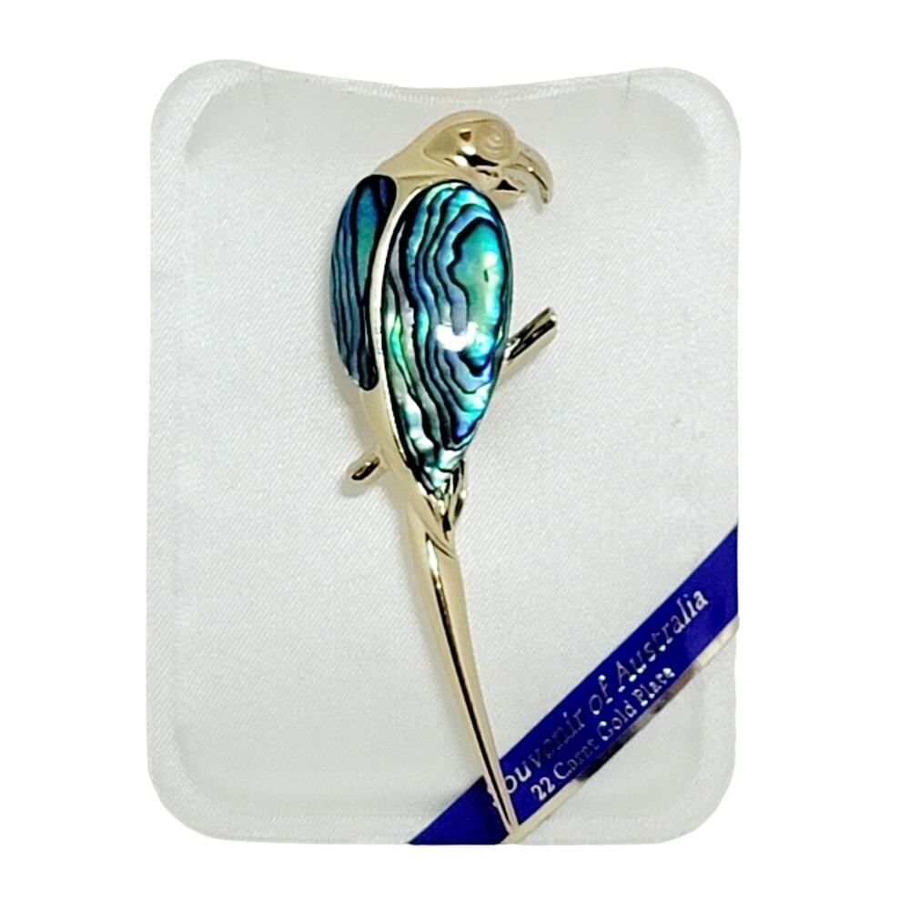 Australian Paua Shell Blue Abalone‎ 22K Gold Plated Parrot Bird Brooch Pin